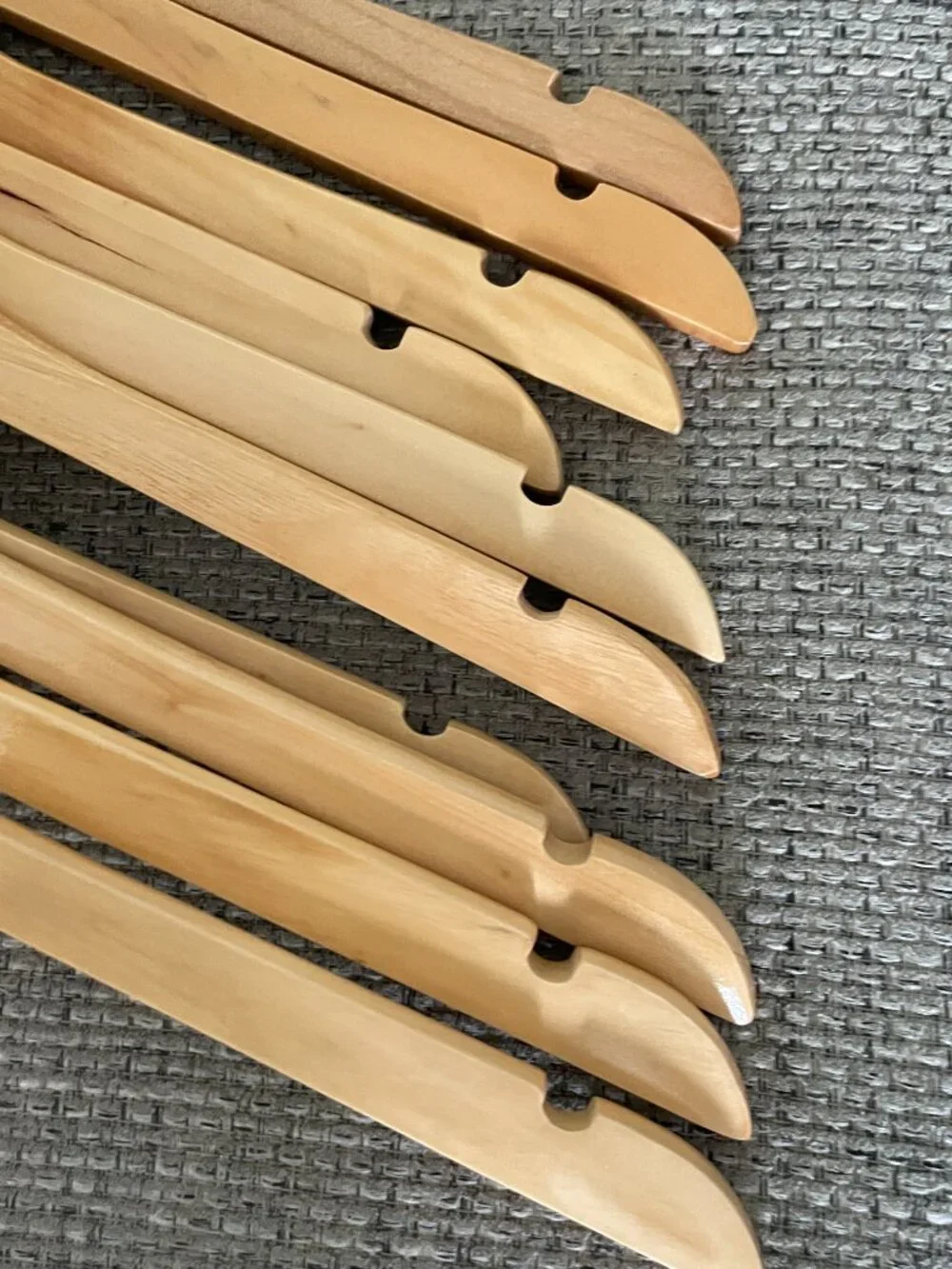 Set of 10 Natural Wood Clothes Hangers Notched Shoulders Metal Hooks Boutique